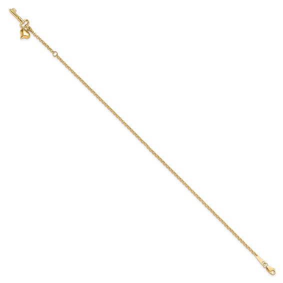14k Adj Polished Puffed Heart Key 9in Plus 1in ext. Anklet