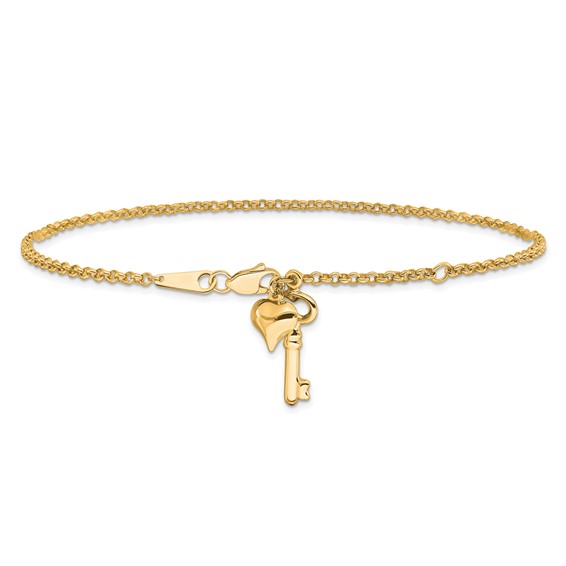 14k Adj Polished Puffed Heart Key 9in Plus 1in ext. Anklet