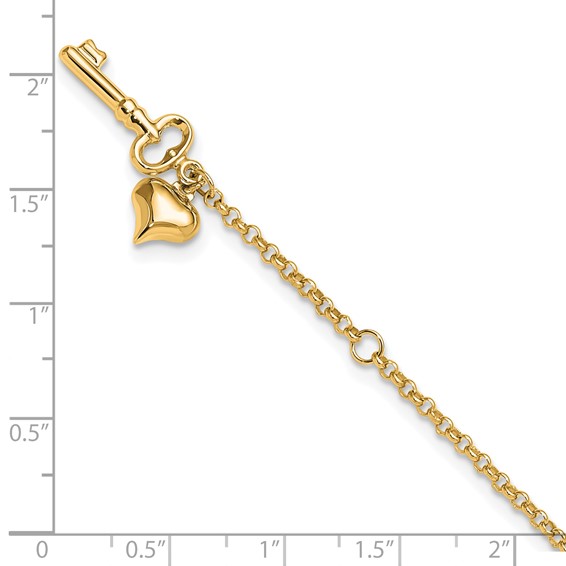 14k Adj Polished Puffed Heart Key 9in Plus 1in ext. Anklet