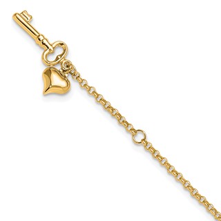 14k Adj Polished Puffed Heart Key 9in Plus 1in ext. Anklet