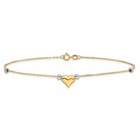 14K Two-tone Polished Puffed Heart Anklet with Beads, 10" view 3