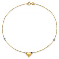 14K Two-tone Polished Puffed Heart Anklet with Beads, 10" view 5