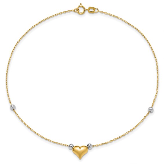 14k Two-tone Polished Puffed Heart with Beads 10 inch Anklet