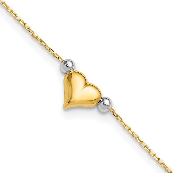 14k Two-tone Polished Puffed Heart with Beads 10 inch Anklet