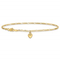14K Yellow Gold Figaro Link Chain Anklet with Dangling Puffed Heart - 9in view 3