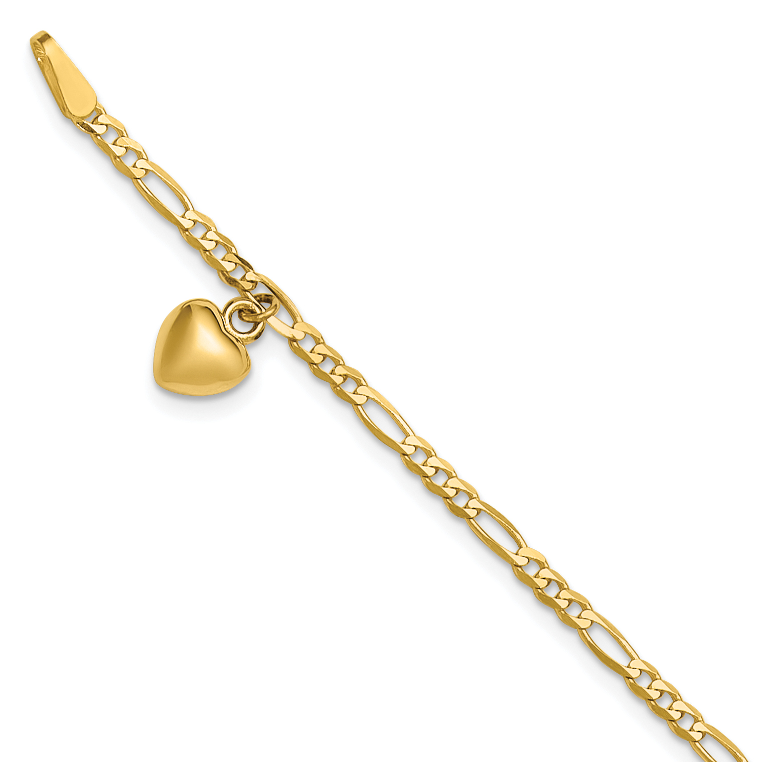 14k Figaro Link Chain with Dangling Puffed Heart 10 inch Anklet (ANK66-10)