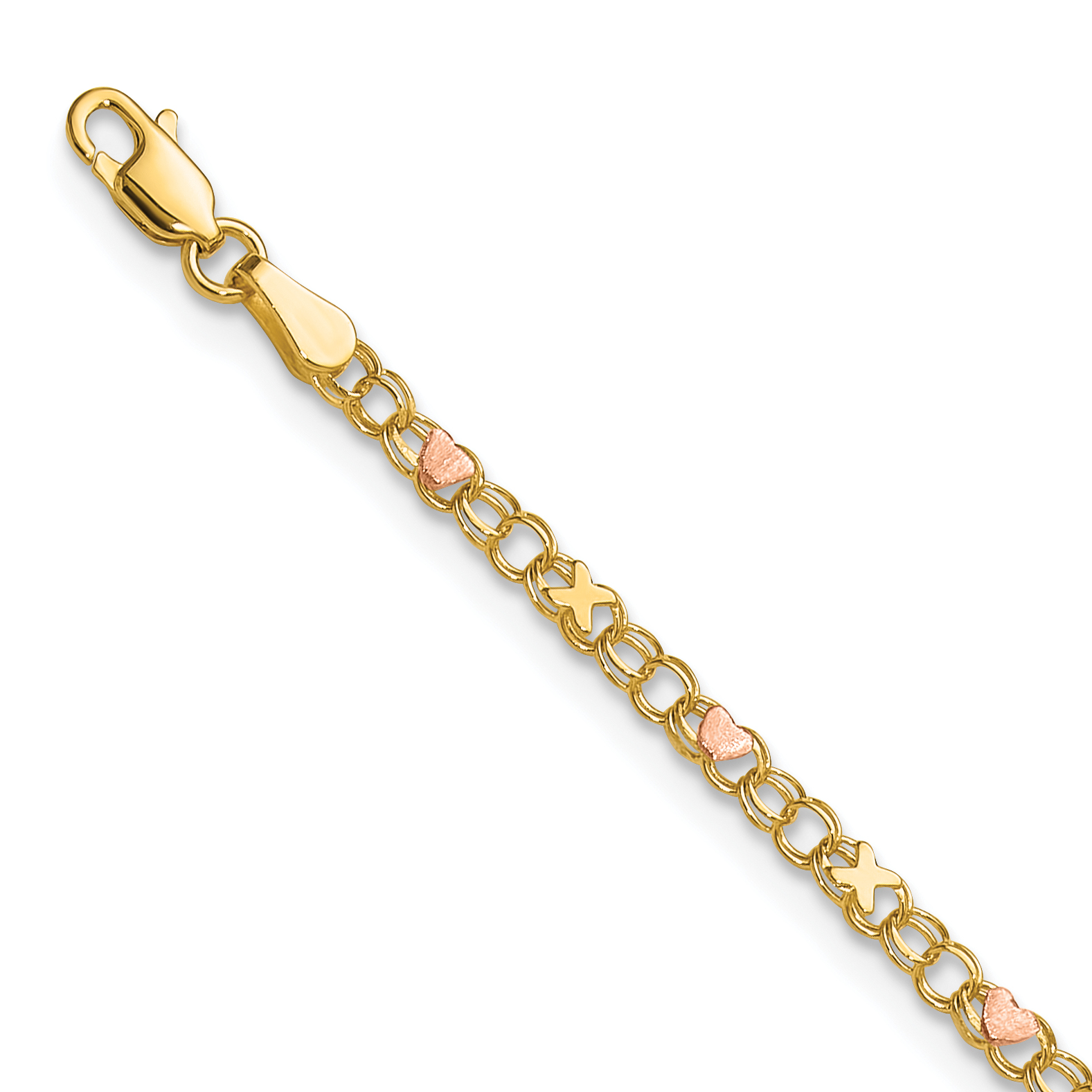 14k Two-tone X-and-Heart Double Link 7 inch Charm Bracelet (ANK69-7)