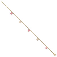 14K Yellow Gold Pink and White Enameled Butterfly Dangles Plus 1 Inch Extender - Total 10 Inch Anklet, 9" view 2