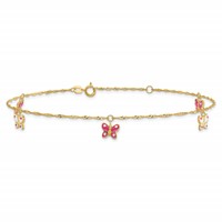 14K Yellow Gold Pink and White Enameled Butterfly Dangles Plus 1 Inch Extender - Total 10 Inch Anklet, 9" view 3