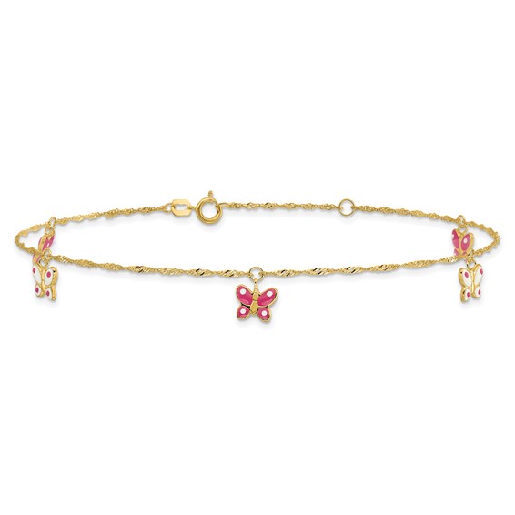 14k Pink and White Enameled Butterfly Dangles 9 inch Plus 1 inch Extender - Total 10 inch Anklet