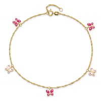 14K Yellow Gold Pink and White Enameled Butterfly Dangles Plus 1 Inch Extender - Total 10 Inch Anklet, 9" view 5