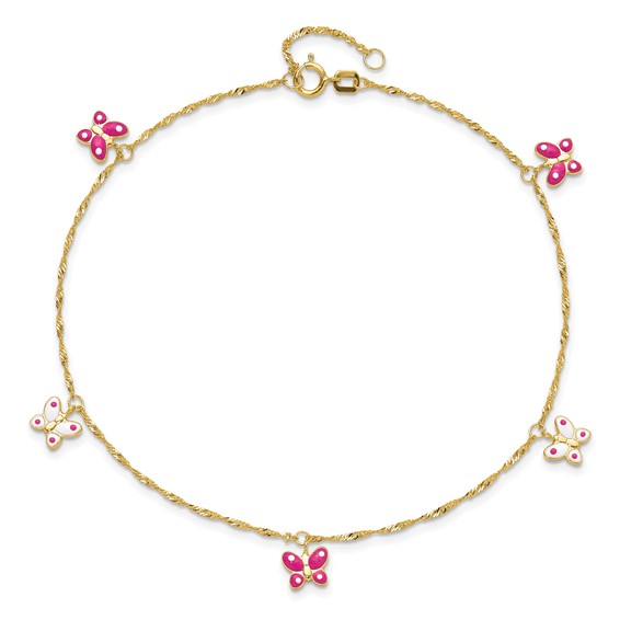 14k Pink and White Enameled Butterfly Dangles 9 inch Plus 1 inch Extender - Total 10 inch Anklet