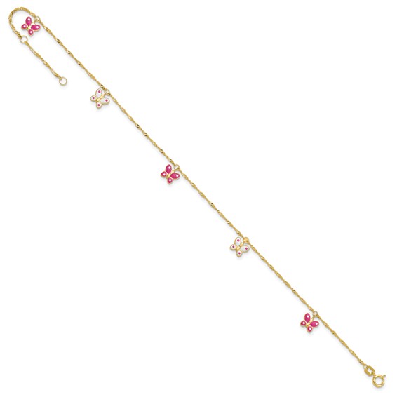 14k Pink and White Enameled Butterfly Dangles 9 inch Plus 1 inch Extender - Total 10 inch Anklet