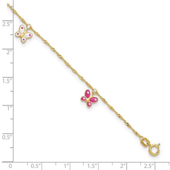 14k Pink and White Enameled Butterfly Dangles 9 inch Plus 1 inch Extender - Total 10 inch Anklet