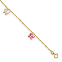 14K Yellow Gold Pink and White Enameled Butterfly Dangles Plus 1 Inch Extender - Total 10 Inch Anklet, 9" view 1