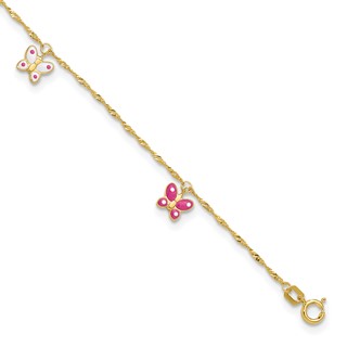 14k Pink and White Enameled Butterfly Dangles 9 inch Plus 1 inch Extender - Total 10 inch Anklet