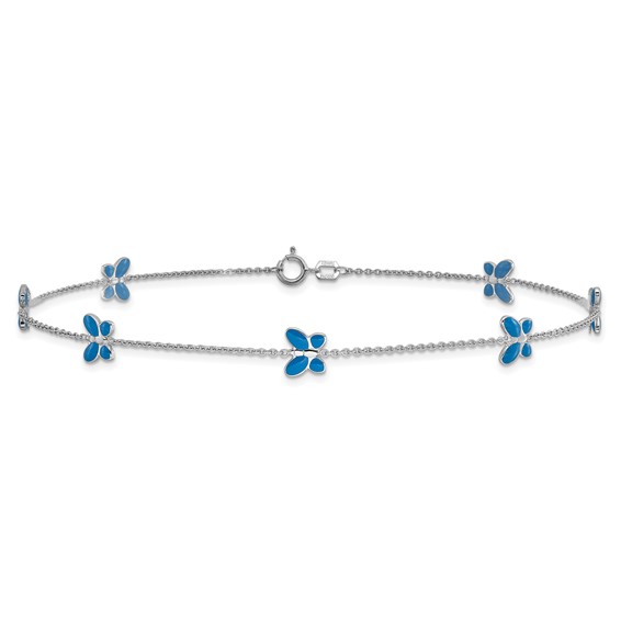 14k White Gold Blue Enameled Butterflies 7-Station 10 inch Anklet