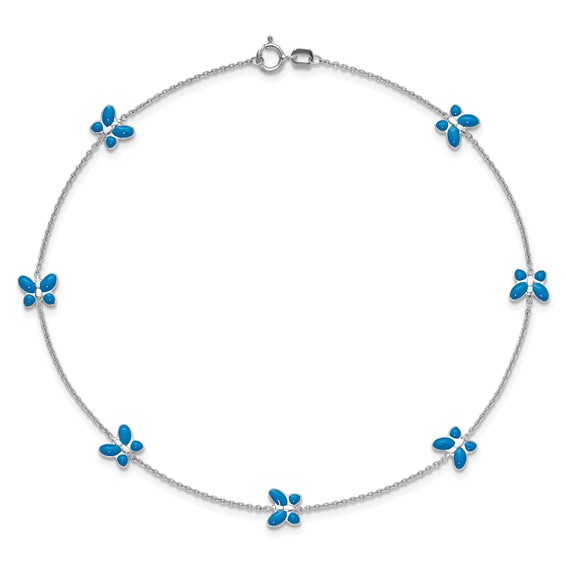14k White Gold Blue Enameled Butterflies 7-Station 10 inch Anklet