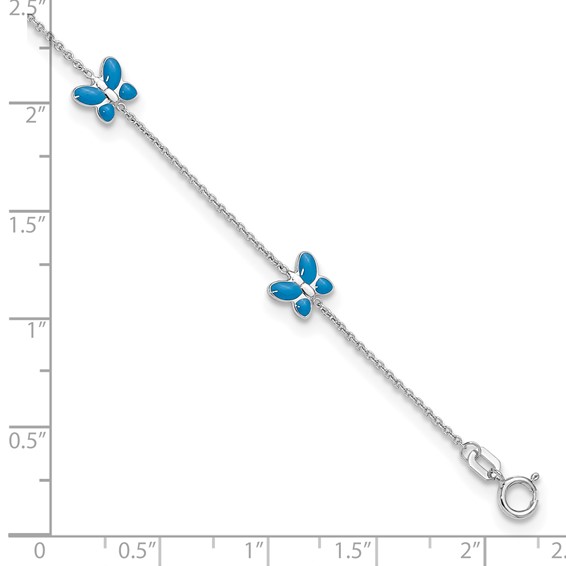 14k White Gold Blue Enameled Butterflies 7-Station 10 inch Anklet