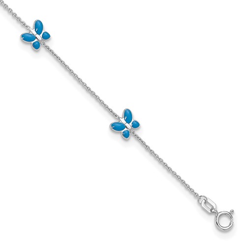 14K White Gold Blue Enameled Butterflies 7-Station Anklet, 10"