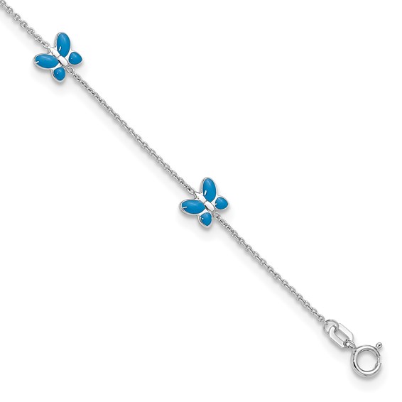 14k White Gold Blue Enameled Butterflies 7-Station 10 inch Anklet