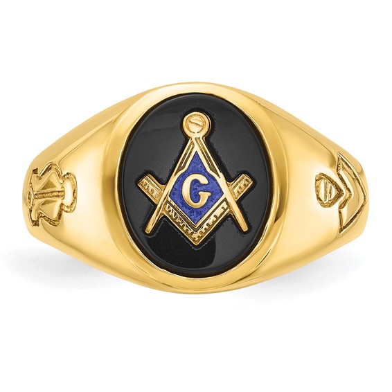 IBGoodman 14k Men's Polished and Grooved with Oval Created Sapphire Blue Lodge Master Masonic Ring