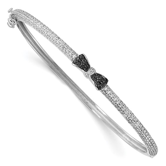 Sterling Silver Polished Black and White CZ Bow Hinged Bangle