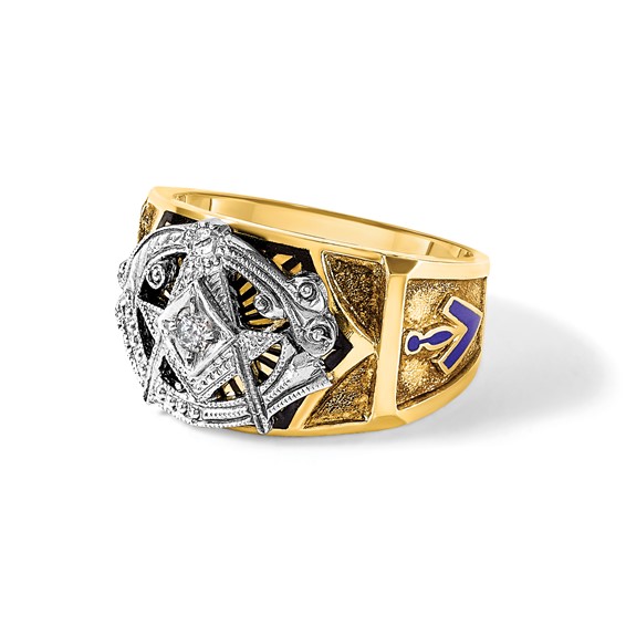 IBGoodman 14k Two-tone Men's Polished and Textured with Blue and Black Enamel Diamond Blue Lodge Master Masonic Ring