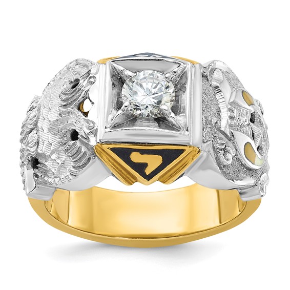 IBGoodman 10k Two-tone Men's Polished and Textured with Black Enamel and Diamond Double Eagle Masonic Shriner's Ring