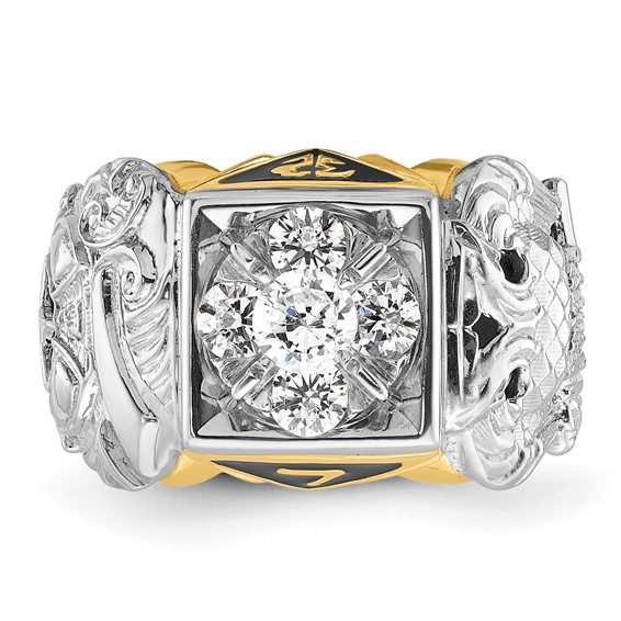 IBGoodman 14k Two-tone Men's Polished and Textured with Black Enamel and Diamond Double Eagle Masonic Shriner's Ring