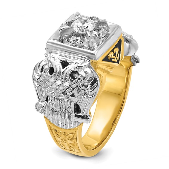 IBGoodman 14k Two-tone Men's Polished and Textured with Black Enamel and Diamond Double Eagle Masonic Shriner's Ring