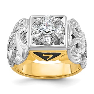 IBGoodman 14k Two-tone Men's Polished and Textured with Black Enamel and Diamond Double Eagle Masonic Shriner's Ring