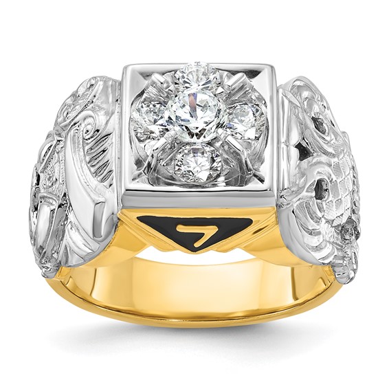 IBGoodman 14k Two-tone Men's Polished and Textured with Black Enamel and Diamond Double Eagle Masonic Shriner's Ring
