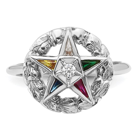 IBGoodman Sterling Silver Women's Polished and Textured with Multi-color CZ and Diamond Eastern Star Masonic Ring