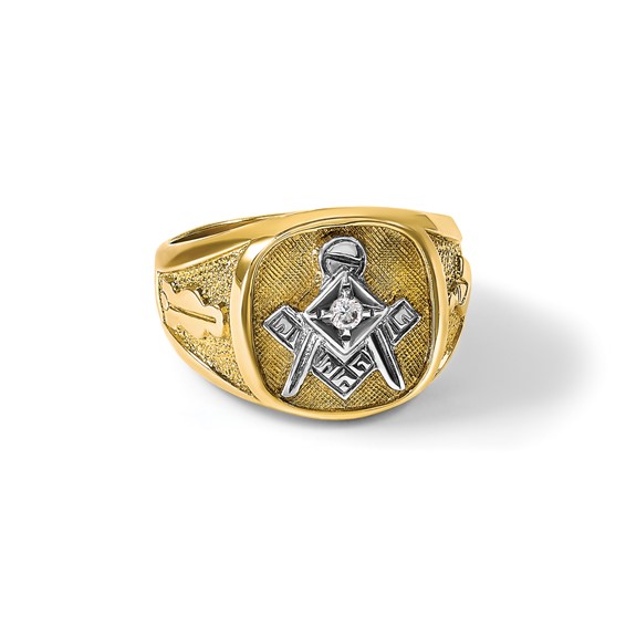 IBGoodman 14k with White Rhodium Men's Polished and Textured Diamond Blue Lodge Master Masonic Ring