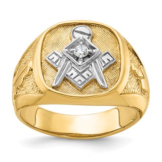 IBGoodman 14k with White Rhodium Men's Polished and Textured Diamond Blue Lodge Master Masonic Ring