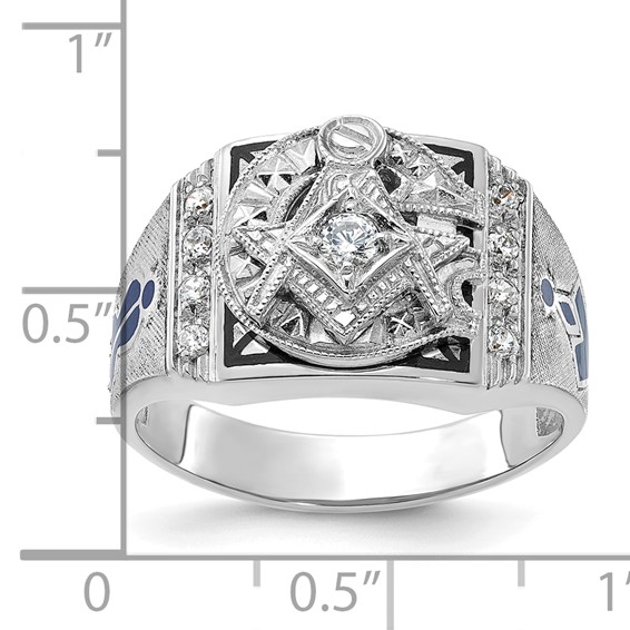 IBGoodman 14k White Gold Men's Polished and Textured with Blue and Black Enamel Diamond Blue Lodge Master Masonic Ring