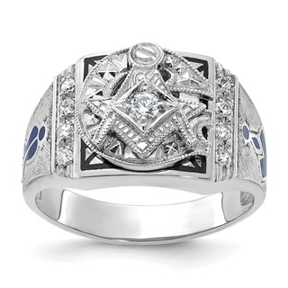 IBGoodman 14k White Gold Men's Polished and Textured with Blue and Black Enamel Diamond Blue Lodge Master Masonic Ring