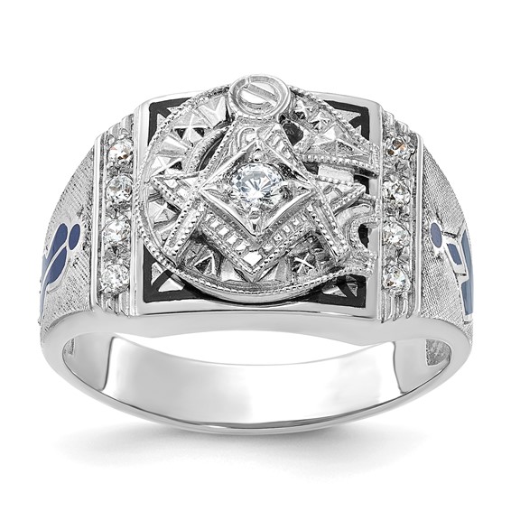 IBGoodman 14k White Gold Men's Polished and Textured with Blue and Black Enamel Diamond Blue Lodge Master Masonic Ring