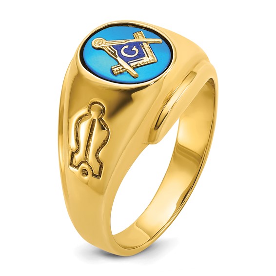 IBGoodman 14k Men's Polished and Grooved with Oval Created Sapphire Blue Lodge Master Masonic Ring
