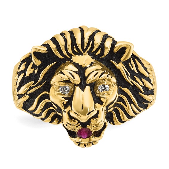 Men's Diamond/Gen Ruby Lion Head Ring with Black Antique Finish