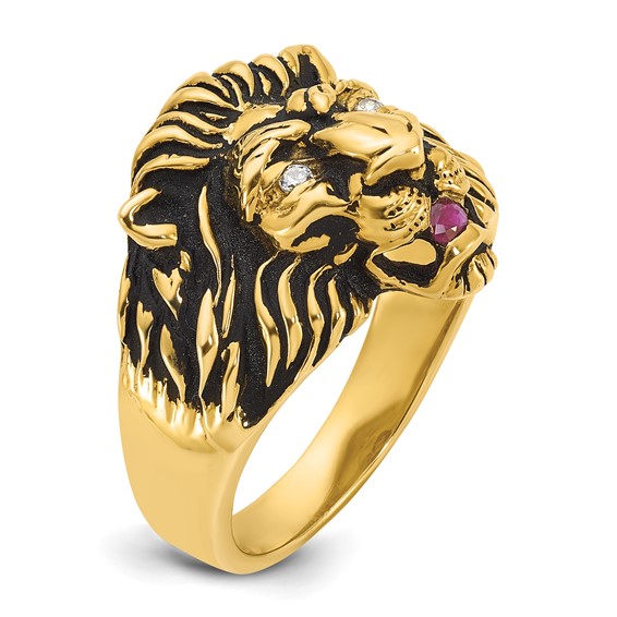 Men's Diamond/Gen Ruby Lion Head Ring with Black Antique Finish