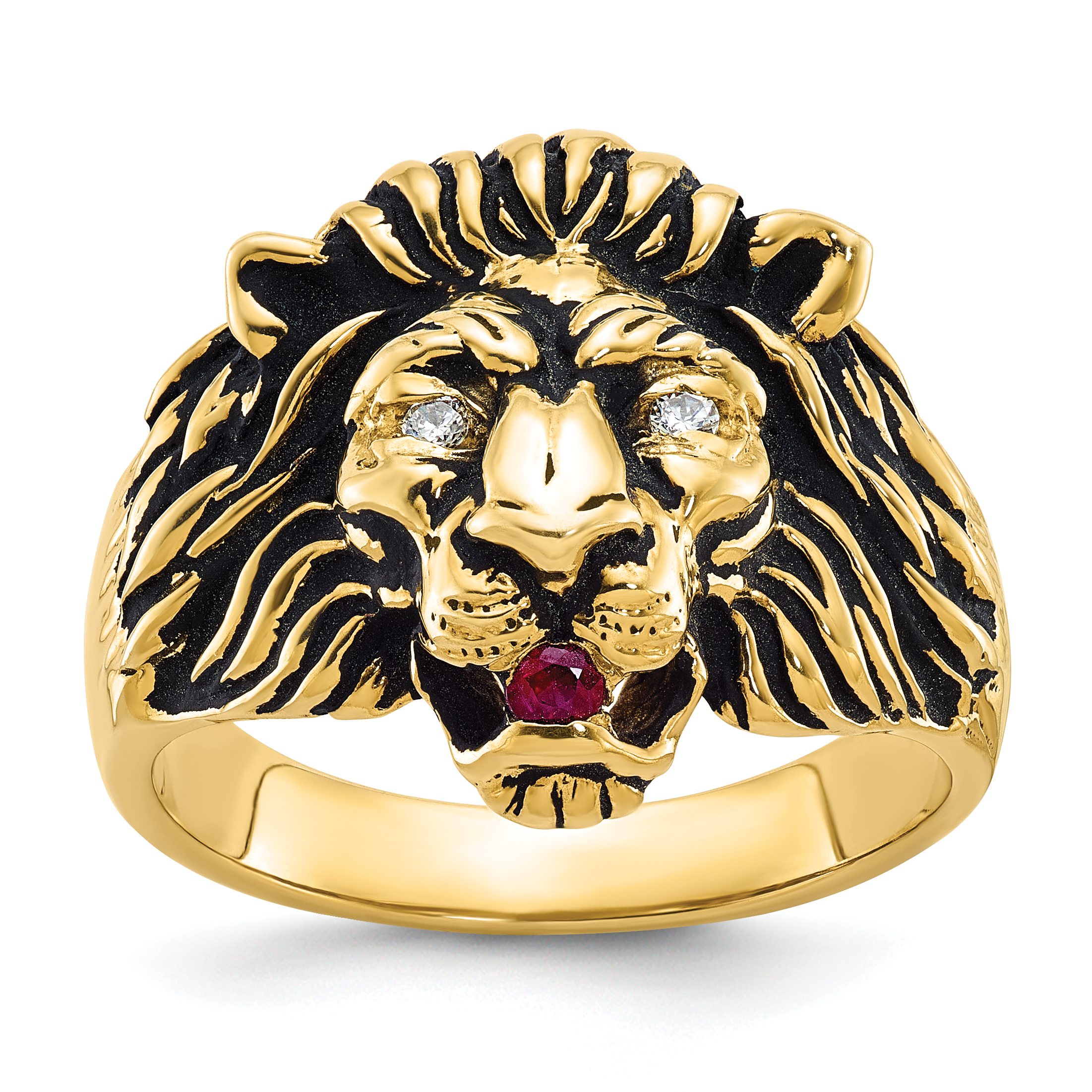 14k IBGoodman Men's 1/20 carat Diamond and Ruby Antiqued Lion Complete Ring (B05384-4YAA)