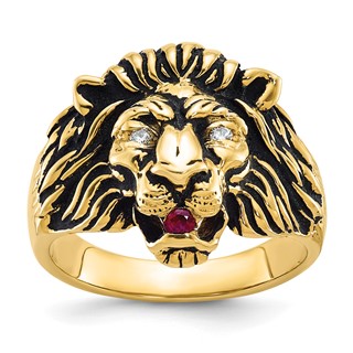 Men's Diamond/Gen Ruby Lion Head Ring with Black Antique Finish