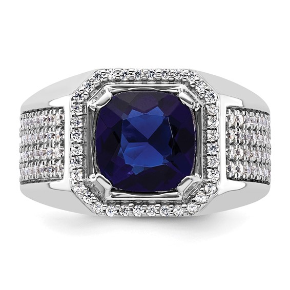 IBGoodman 14k White Gold 7/8 carat Lab Grown Diamond VS/SI+ G+ and Created Blue Sapphire Complete Men's Ring