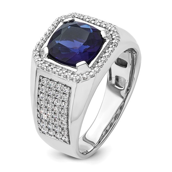 IBGoodman 14k White Gold 7/8 carat Lab Grown Diamond VS/SI+ G+ and Created Blue Sapphire Complete Men's Ring