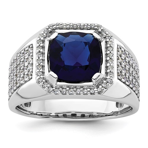 IBGoodman 14K White Gold 0.88 Carat Lab Grown Diamond VS SI+ G+ and Created Blue Sapphire Complete Men's Ring