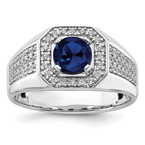 IBGoodman 14K White Gold 0.50 Carat Lab Grown Diamond VS SI+ G+ and Created Blue Sapphire Complete Men's Ring