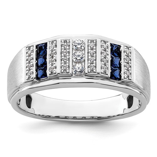 IBGoodman 14K White Gold 0.20 Carat Lab Grown Diamond VS SI+ G+ and Lab Created Blue Sapphire Complete Men's Ring