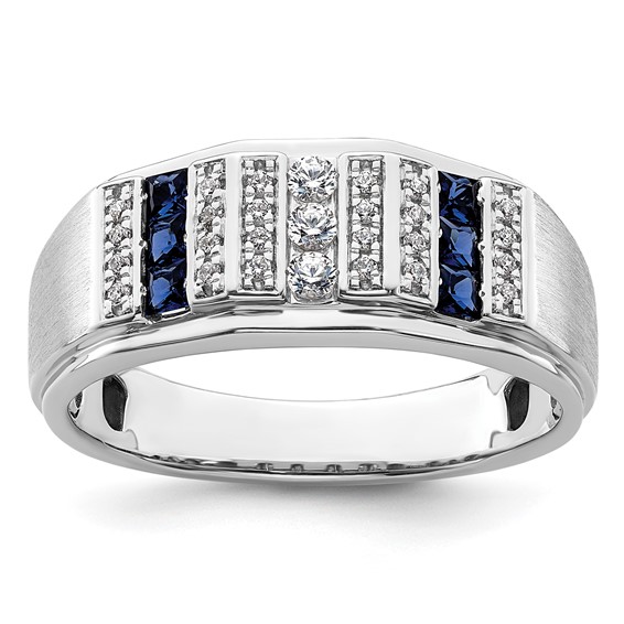 IBGoodman 14k White Gold 1/5 carat Lab Grown Diamond VS/SI+ G+ and Lab Created Blue Sapphire Complete Men's Ring